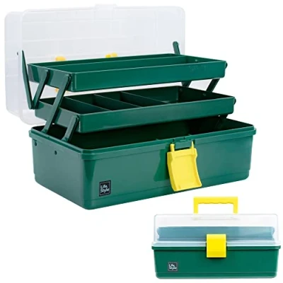 Afbeelding van 33 cm multifunctionele opbergdoos met 3 planken, sorteerdoos, organizerbox, knutseldoos, naaidoos, medicijnkoffer, gereedschapskist, viskoffer 2 planken (donkergroen)