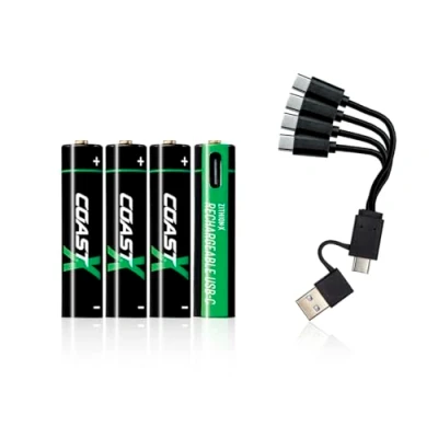 Afbeelding van Coast ZITHION X 4 stuks AAA USB C lithium ion batterijen 1,5 V 750 mAh lange oplaadtijd 1,3 uur inclusief oplaadkabel