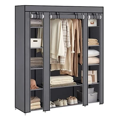 Afbeelding van Kledingkast, stoffen kast, met bekleding van vliesstof, vouwkast kledingstang, 45 x 150 175 cm, 12 planken, metalen frame, kast voor de slaapkamer, Grijs