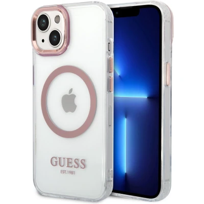 Afbeelding van GUESS Transparant Roze Back Cover Magsafe iPhone 14 TPU Telefoonhoesje Bescherm Je Telefoon!