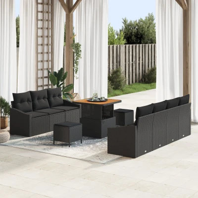 Afbeelding van vidaXL 10 delige Tuinsofa Set met Kussens Zwart Poly Rattan Acacia, 2 zits Rattan, 3 Tuin Eetset Acacia