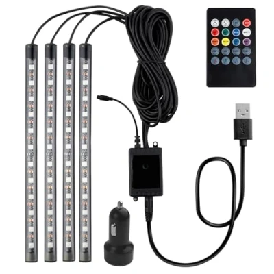 Afbeelding van Fsaklaskdy 4 stuks, 48 stuks sfeerverlichting voor auto, binnenverlichting, waterdicht, meerkleurige muzieksfeerverlichting, met USB poort en afstandsbediening