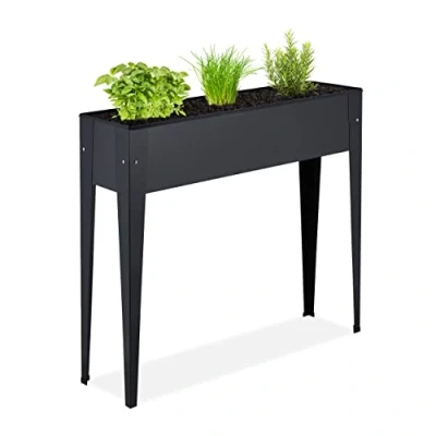 Afbeelding van Relaxdays moestuinbak op poten zwart verhoogde plantenbak smal kruidenbak balkon