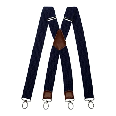 Afbeelding van Olata 4 cm brede multifunctionele bretels met karabijnhaak en bruin leer, Navy Blauw