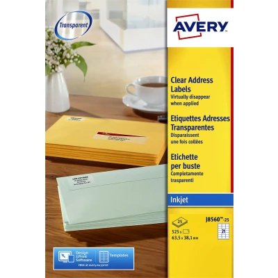 Afbeelding van Avery J8560 25 adresetiketten ft 63,5 x 38,1 mm (b h), 525 etiketten, transparant etiket