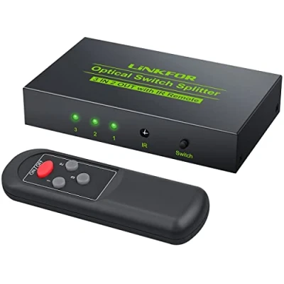 Afbeelding van LiNKFOR optische Audio schakelaar, 3 x 2 Toslink SPDIF digitale glasvezel, met afstandsbediening, audio, ondersteunt LPCM2.0 DTS Dolby AC3 kabel