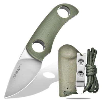 Afbeelding van TONIFE mes met vast lemmet 4,7 cm, mini kraagmes Kydex etui en koord, EDC draagbaar voor outdoor survival (groen + satijn)