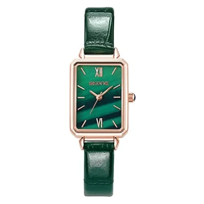 Afbeelding van JewelryWe Vintage leren dameshorloge: analoog kwartshorloge in tonvorm, eenvoudig, elegant en casual, Groen vierkant, Riem