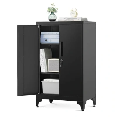 Afbeelding van SONGMICS Bureaukast, multifunctionele kast, bureaukast met 2 deuren, afsluitbaar, opbergkast van staal, voor kantoor, woonkamer, zwart OMC012B01