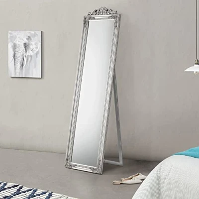 Afbeelding van Spiegel vrijstaand met barok lijst verstelbaar 160x40 cm zilverkleurig