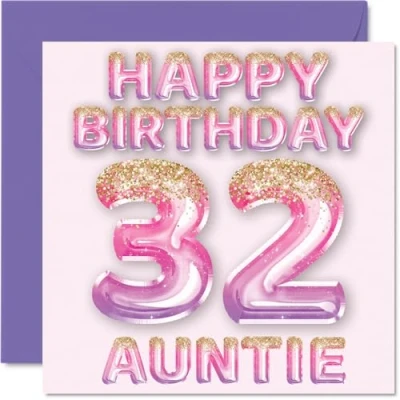 Afbeelding van 32 jaar verjaardagskaart voor tante, roze en paarse glitterballonnen, verjaardagskaarten jarige tante van neef nichtje, 145 mm x