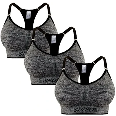 Afbeelding van Libella Sportbeha voor dames, push beha, gemêleerd, uitstekende ondersteuning, gevoerd, zonder beugel, fitness, sportbeha, gekruiste rug, 3714, 3 stuks grijs
