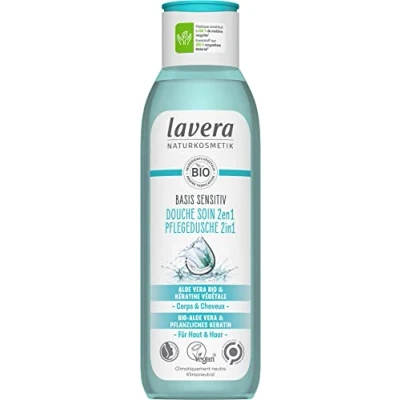 Afbeelding van lavera basis sensitiv Doucheverzorging 2 in 1, natuurlijke cosmetica, veganistisch, douchegel met aloë vera en plantaardige keratine, biologisch afbreekbare formules zonder minerale oliën, 250 ml