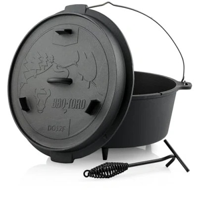 Afbeelding van BBQ Toro Dutch Oven Serie Forest DO12F kookpan van voorbehandeld gietijzer, verschillende maten met deksel, voeten, 13,6 liter