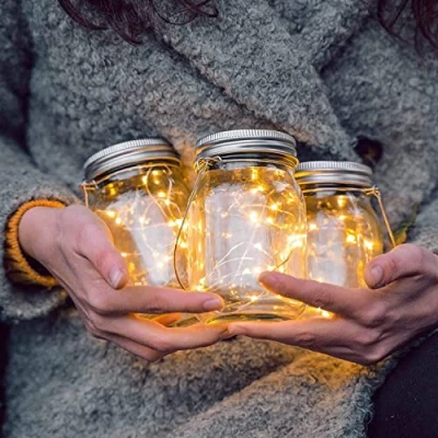 Afbeelding van Gadgy Solar Lantaarn Jar Fairy Lights Tuinverlichting op Zonneenergie Tuinlantaarn met dag/nacht Sensor 3 glazen potjes Led String Verlichting Buitenverlichting