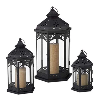 Afbeelding van Relaxdays lantaarn set van 3 stuks windlicht decoratief lantaarns groottes zwart