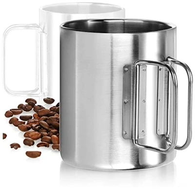 Afbeelding van COM FOUR® Roestvrijstalen koffiemok, 300 ml, thermobeker van roestvrij staal, met klaphandvat, dubbelwandig, thermosbeker, BPA vrij, zilver, 1 stuk