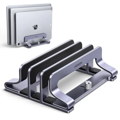 Afbeelding van UGREEN verticale aluminium laptopstandaard laptophouder verstelbaar bureau compatibel met MacBook Pro Air MateBook Chromebook Surface Dell HP iPad zilver