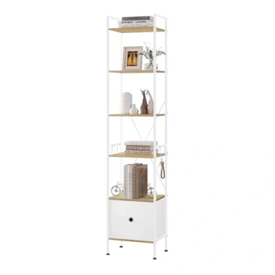 Afbeelding van WOLTU boekenkast met 5 verdiepingen, hoge hoek, smalle 1 lade, moderne stijl, stalen frame, voor woonkamer, kantoor, studeerkamer, slaapkamer, licht eiken+wit
