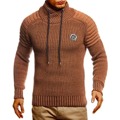 Afbeelding van Leif Nelson Gebreide herentrui met sjaalkraag/wintertrui in rechte pasvorm, ideaal voor casual en zakelijke looks, verkrijgbaar vele, Kameel.