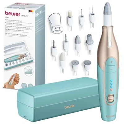 Afbeelding van Beurer MP 84 Elektrische nagelvijl Nagelfrees Manicure en Pedicure set Draadloos 10 Opzetstukken LED Verlichting Opberg laad etui Beschermkap 3 Standen Jaar garantie