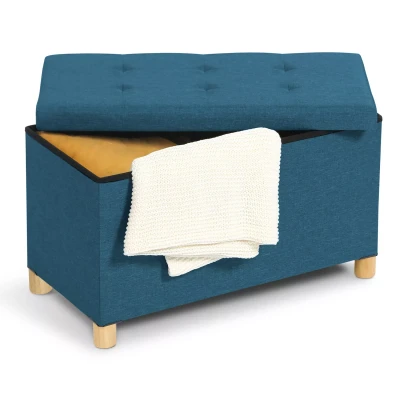 Afbeelding van Banc coffre rangement sur pieds 76 cm tissu bleu canard