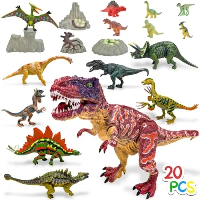 Afbeelding van GizmoVine Dinosaurus speelgoed, dinosaurusfiguur, set van 20 dinosaurusfiguren voor kinderen, dinosaurussen zijn met de hand gekleurd, dinauzar speelgoed inclusief 25 cm T. Rex, triceratops,