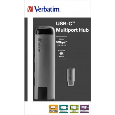 Afbeelding van Verbatim Hub, USB 3.1 C, Multipoort 2x 3.0, HDMI 4K, RJ45 Gigabit, Oplader, C kabel, 15 cm, Retail