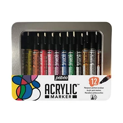 Afbeelding van Pébéo Metalen doos acryl marker 12 markers, 1,2 mm, verschillende kleuren, x set van stuks