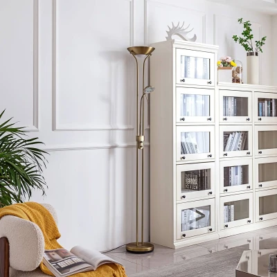Afbeelding van Lindby vloerlamp met dimmer 2lichts Ijzer, glas, polycarbonaat H: 180 cm brons, mat wit Inclusief lichtbronnen