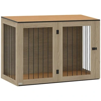 Afbeelding van PawHut Cage pour chien, meuble avec porte et fenêtre, table d&#039;appoint la maison, niche grands chiens de moins 30 kg, acier, 106 x 60 76 cm, chêne