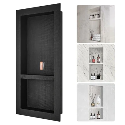 Image de VEVOR Niche Encastrable Salle de Bain 81,28x40,64x10 cm Douche Murale Double Étagère en Plastique XPS Coins Carrés Protection Scellée Moderne pour Stockage Savon Bains, Noir