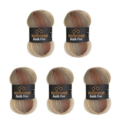 Afbeelding van Wollbiene Batik Fine Wol, 5 x 100 g, 500 gram wol met kleurverloop, meerkleurig, kleur: 5020 bruin beige