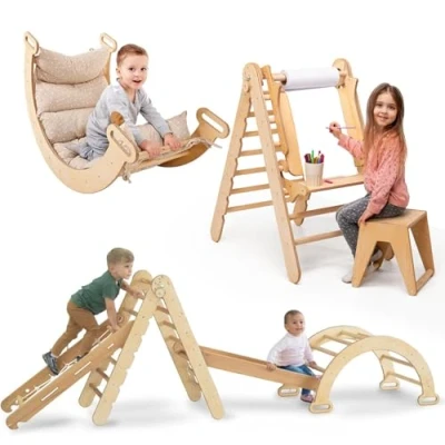 Afbeelding van 6 in 1 indoor klimframe voor peuters houten driehoek, boog en klimleuning, net kussen, artistieke toevoeging, Montessori klimframe, gymnastiek kinderen,