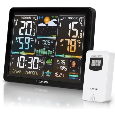 Afbeelding van LONQ Weerstation Binnen en Buiten Q5 Incl. Batterijen Draadloos met Buitensensor Thermometer Hygrometer Kleurendisplay DCF Gestuurde Klok