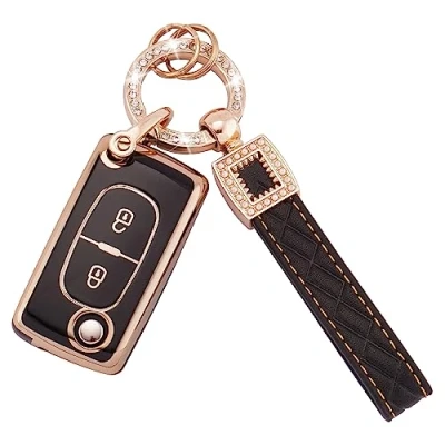 Afbeelding van Koaudb Autosleutelhoes voor Peugeot 107 207 307 307S 308 407 607 807 3008 5008 Citroen C2 C3 C4 C5 C6 C8 Xsara 2 knoppen Flip Folding Key Case Shell met lederen sleutelhanger (BP Pgt 2F)