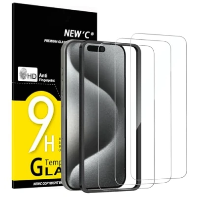 Afbeelding van NEW&#039;C 3 stuks, gehard glas voor iPhone 15 Pro (6,1 inch), krasbestendige beschermfolie ultrasterk transparant HD eenvoudig installatiegereedschap inbegrepen