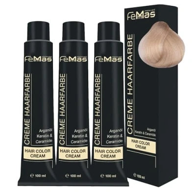 Image de FemMas Lot de 3 teintures pour cheveux, crème professionnelle, à l&#039;huile d&#039;argan, kératine, céramides, coloration permanente, résultats couleur éclatant et durable, blond clair 10, 100 ml