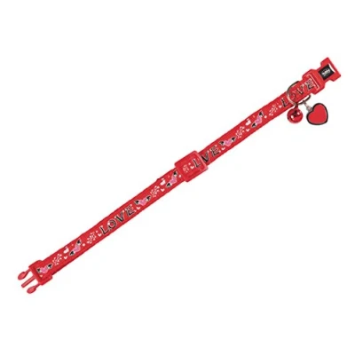 Afbeelding van Nobby kattenhalsband love met veiligheidssluiting, bel en decoratieve hanger rood/wit