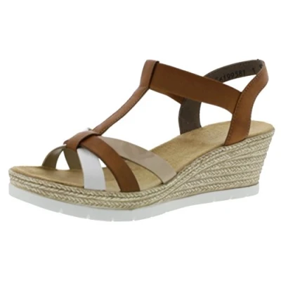 Afbeelding van Rieker Sandalen met plateauzool, Dames, Maat: 38, Bianco/cognac Hoogwaardig imitatieleer