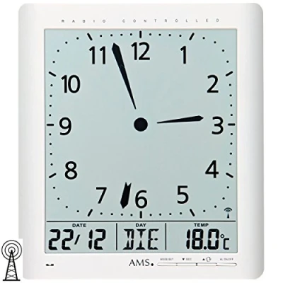 Afbeelding van AMS F5896 Wandklok Digitaal Radiogestuurde tijdsaanduiding LCD Temperatuur Snooze Wit