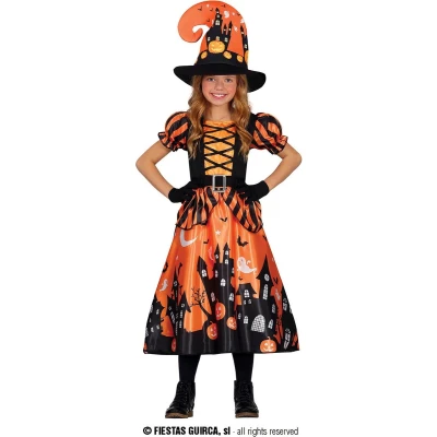 Afbeelding van Guirca Heks &amp; Spider Lady Voodoo Duistere Religie Kostuum Oranje Pompoensoep Meisje Oranje, Zwart 5 6 jaar Halloween Verkleedkleding