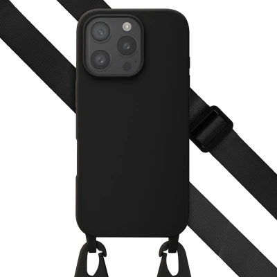 Afbeelding van Selencia hoesje Geschikt voor iPhone 16 Pro met koord Siliconen afneembaar Zwart