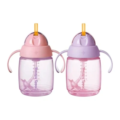 Image de Tommee Tippee Lot de 2 gobelets d&#039;apprentissage à paille pour enfant 6 mois et plus, avec lestée en silicone poignées faciles tenir, 240 ml, rose violet