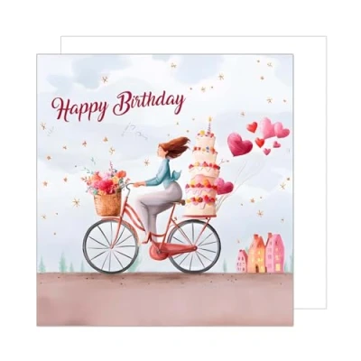 Afbeelding van Edition Seidel GQ326 SW024 Hoogwaardige vierkante verjaardagskaart met envelop voor mannen, vrouwen, kinderen, fietstaart, ballonnen