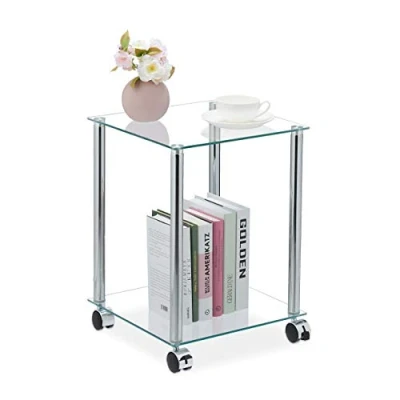 Afbeelding van Relaxdays bijzettafel op wielen vierkant glastafel koffietafel salontafel 34x34