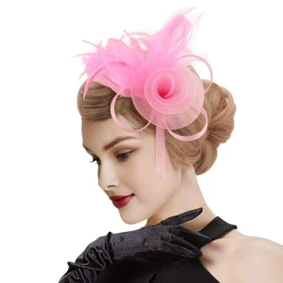 Afbeelding van DRESHOW Fascinator hoed met bloemen van mesh en veren voor bruiloft, feest, cocktail, dames meisjes, eenheidsmaat