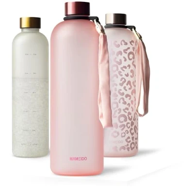 Afbeelding van MAMEIDO 1,5l &amp; 1l Flamingo Roze Plastic Ontwerp Waterfles met Motivatie Tijd Markering, BPA vrij Waterdichte Sportfles voor Gymnastiek