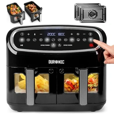 Afbeelding van Duronic AF24 Luchtfriteuse, 2400 W, 2 manden van 5 l voor het hele gezin, groot bedieningspaneel, 10 vooraf ingestelde kookprogramma&#039;s, olievrij, sync cook en synchronisatiefuncties
