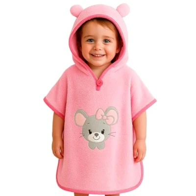 Afbeelding van Morgenstern Badponcho voor kinderen, baby, meisjes, jongens, 100% katoen, Oeko Tex gecertificeerd, badhanddoek met capuchon, badstof, roze, muis, 1 3 jaar, roze muis